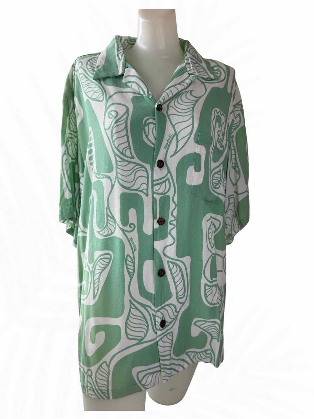 Manuhealiʻi Hawaii Men’s Aloha Shirt Green White Abstract Print Size Large